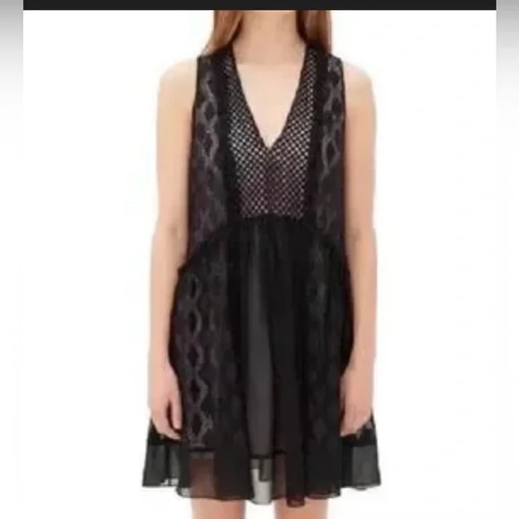 Sandro Paris Black Lace & Chiffon Sleeveless V-Neck Dress Size 2 - Picture 2 of 8